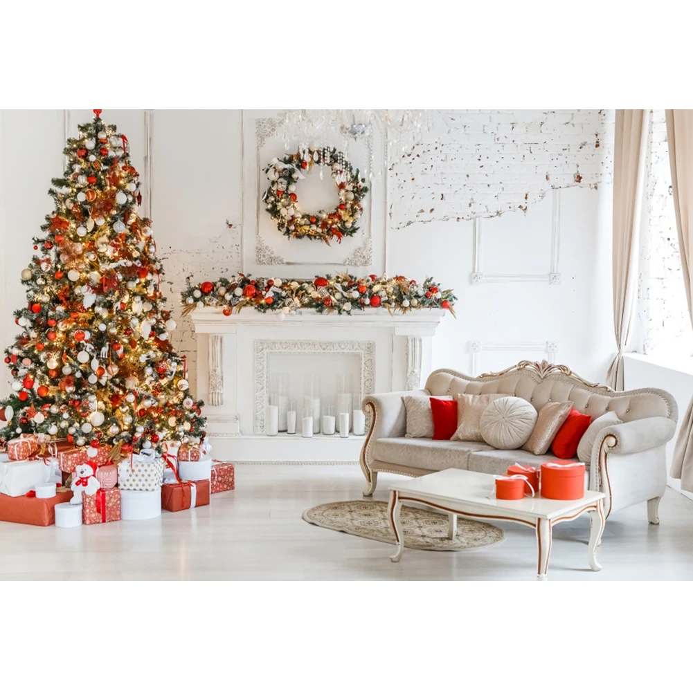 Laeacco-Fondo de árbol de Navidad, chimenea blanca, corona, sofá Interior, niño, bebé, sesión fotográfica escénica, fondo fotográfico para recién nacido