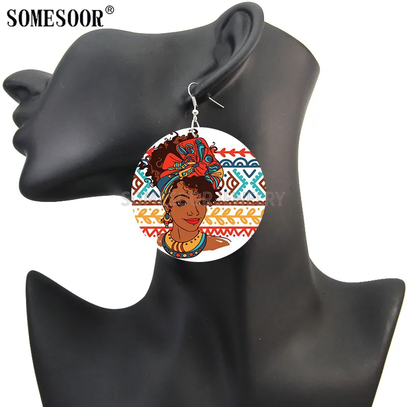 SOMESOOR kręcone włosy Headwrap dziewczyna drukowane afrykańskie drewniane spadek kolczyki Afro etniczne Artstic pętle wisząca biżuteria dla kobiet