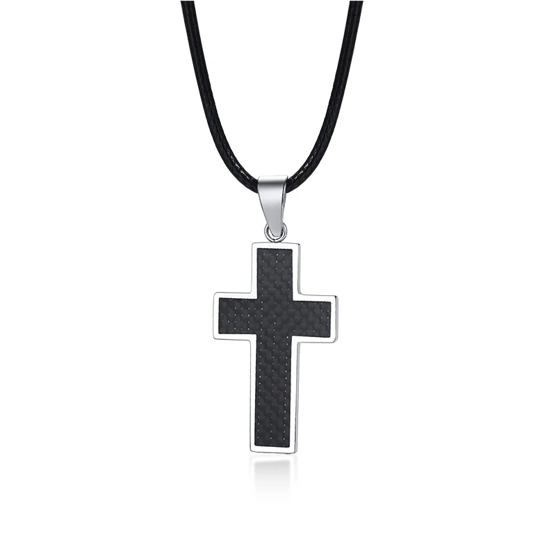 Cross Necklace Men, Black Carbon Fiber Latin Cross Pendant, Stainless Steel Edges Pendant Gentleman Jewelry