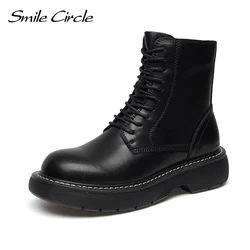 Smile Circle Ankle Boots Women Winter Flats Platform Boots Round Toe Lace-up Motorcycle Boots Ladies Booties Black