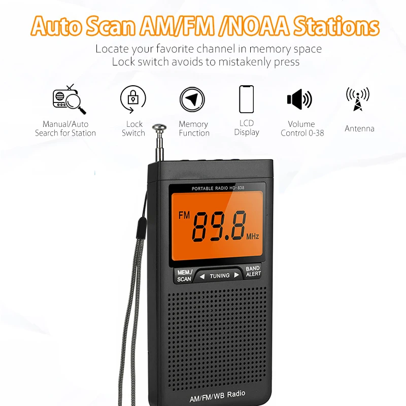 Mini Am Fm Pocket Radio Portable Speaker Weather Radio Auto-Search Antenna Receiver With Headphone Jack Outdoor Emergency Radio