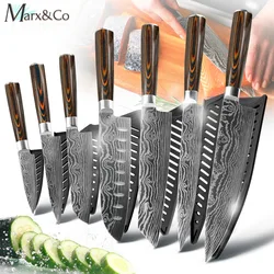 Kitchen Knife Chef Japanese Slicing Santoku Cleaver Utility 1-7 Set Knives 7CR17 440C Stainless Steel Imitation Damascus Sanding