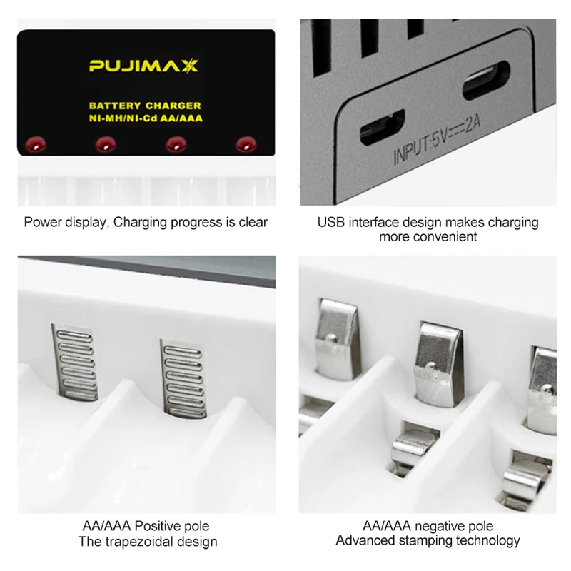 PUJIMAX 4 Slot Battery Rechargeable Charger Smart Indicator With Short Circuit Protection For  AAA/AA Rechargeable NI-MH Battery