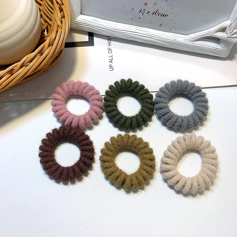 Women Accessories Solid Color Elastic Hair Band Furry Telephone Wire Hair Tie Large Size Spiral Shape Rubber Fashion Scrunchie