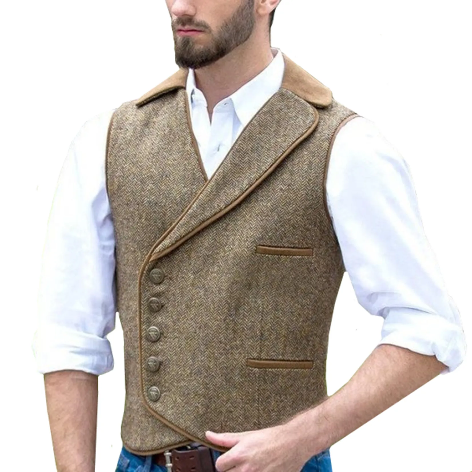 Men's Herringbone Vest Lapel Single-breasted Punk Style Slim Vest Business Casual Outdoor New Vest Clothing