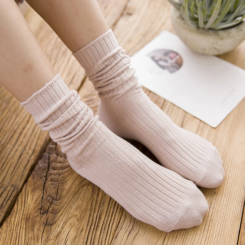 1 Pair Retro Women Cotton Loose Socks Autumn Winter Knitting Solid Color Long Student Girls