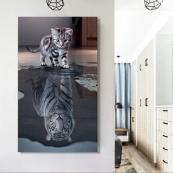 Creative Painting Art Cute Cat Reflection Tiger In Water Posters Prints Canvas Painting Wall Pictures for Living Room Home Decor