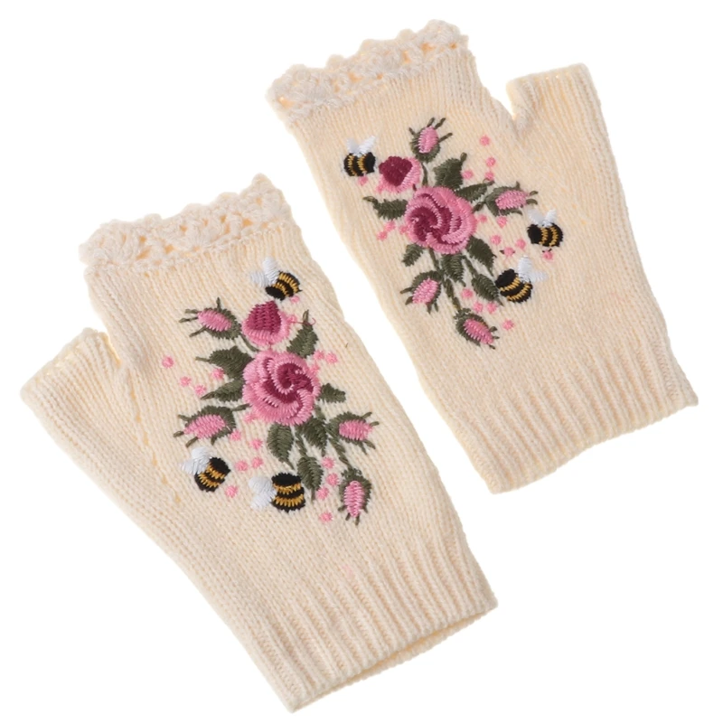 Guantes de punto sin dedos para mujer, manoplas con bordado Floral de abeja, con agujero para el pulgar, invierno, 649C