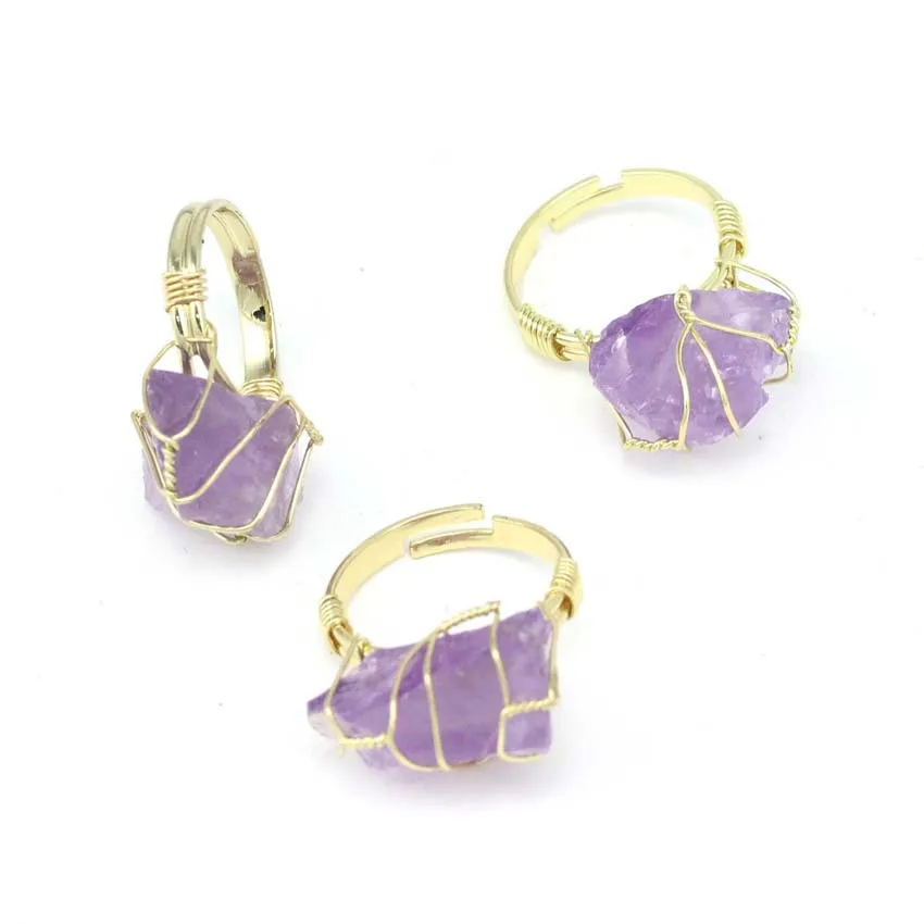 Irregular Genuine Stone Ring for Women Full Wire Wrapped Rose Quartz Fluorite Gold-color Resizable Reiki Healing Crystal Jewelry