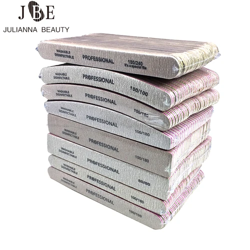 50 unids/lote 80/100/180 lima de uñas de papel de lija gris limas de uñas de lijado de plátano curvo tablero de esmeril de doble cara herramientas de pulido con purpurina