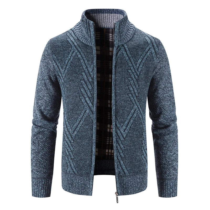 Classic Men\'s Sweater Coat Casual Turn-down Cardigan Fashion Stripe Zipper Up Long Sleeve Thermal Fleece Jumper Jacket