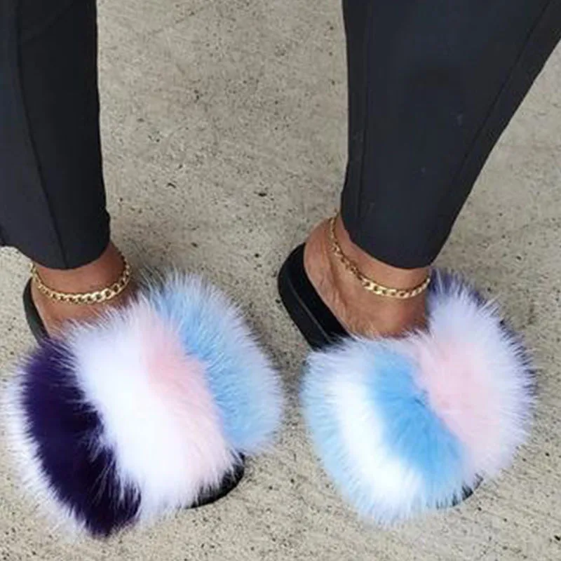 Winter Woman Indoor Slippers Furry Sexy Desire Bedroom Slides Soft EVA Real Fox Fur Sandals Fluffy Multicolor Flip-flops Slide