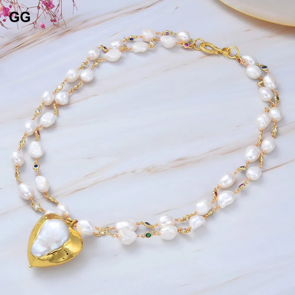 

Women Jewelry Gifts White Baroque Pearl Multi Color Crystal Chain Necklace Heart Pearl Pendant