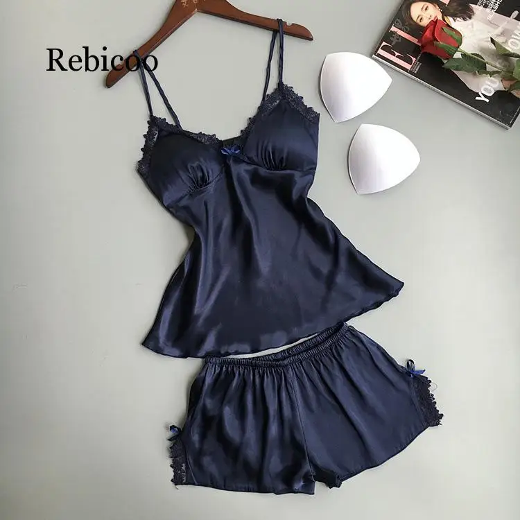 

Cotton Two Piece Set Women Sleepwear Silk Pajamas Sexy Chest Pad Nightwear Women Summer Lace Homewear Women Lingerie