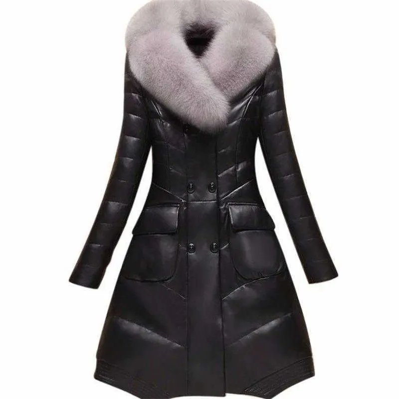 

Autumn Winter Leather Clothes Women Leather Coat Mid-Long Big Fur Collar Fashion Down Cotton Jacket Thicken Warm Outerwear 2023