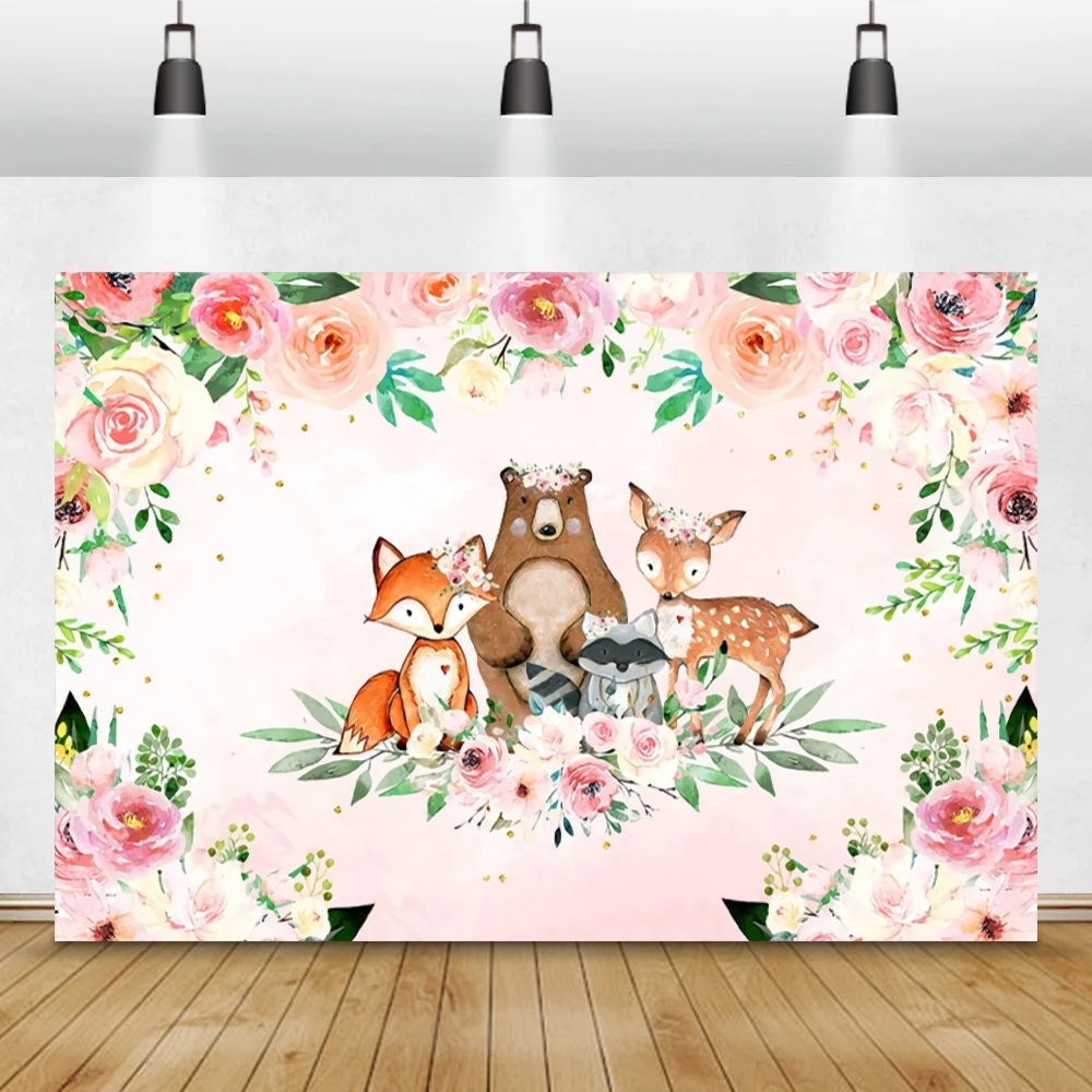 Laeacco Birthday Photophone Forest Flowers Leaves Safari Party Animals Newborn Kid Baby Shower Photography Backdrops Backgrounds