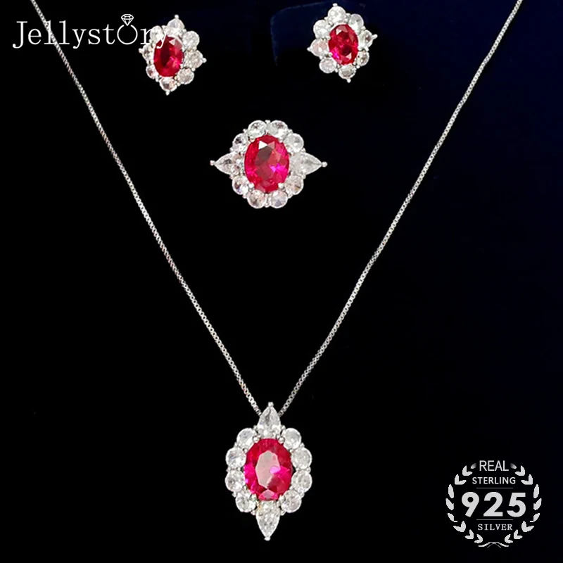 

Jellystory vintage silver 925 jewelry set women ring earrings necklace with oval shaped 8*10mm ruby gemstones wedding engagement