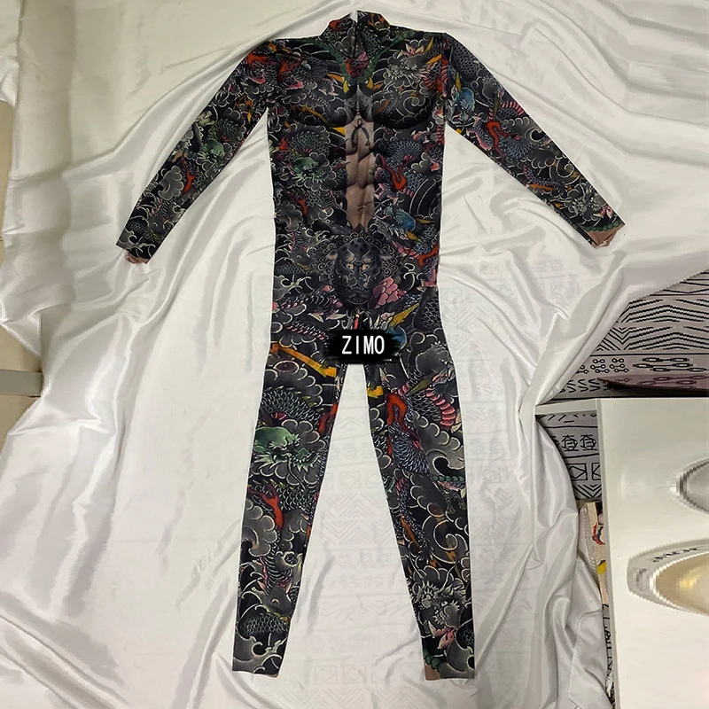 tattoo Muscle Man women nude bodysuit Male guest gogo sexy Dj Ds catwalk print jumpsuit skinny stage dance costume rave festival