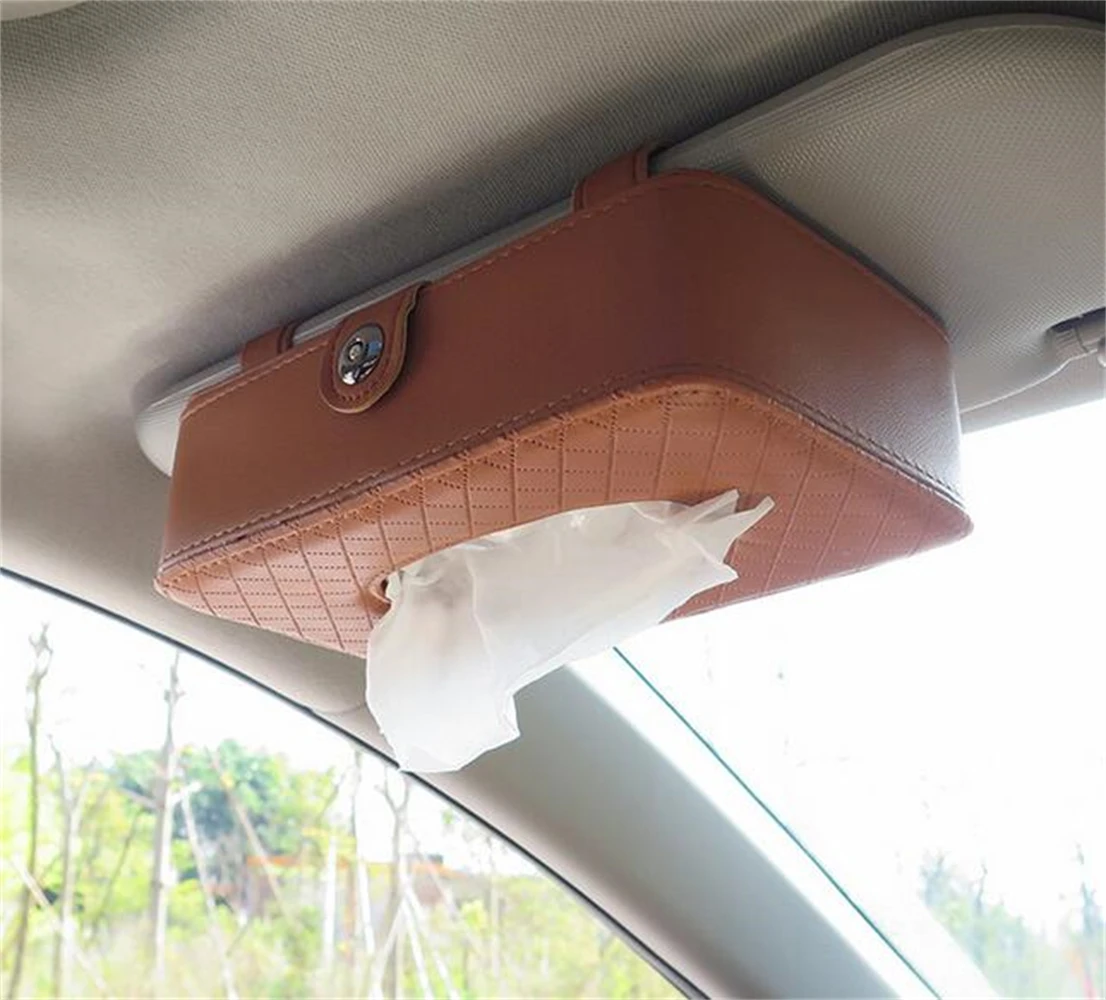 Leather Car Sun Visor Armrest Tissue Box Auto Pumping Cassette Holder Removable Paper Napkin Box Organizer