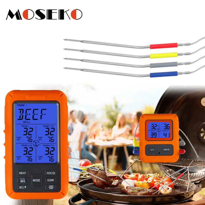 

MOSEKO 100M Remote Wireless Food Kitchen Thermometer 4 Probes Cooking Meat Thermometer For BBQ Oven Grill Smoker, With Timer