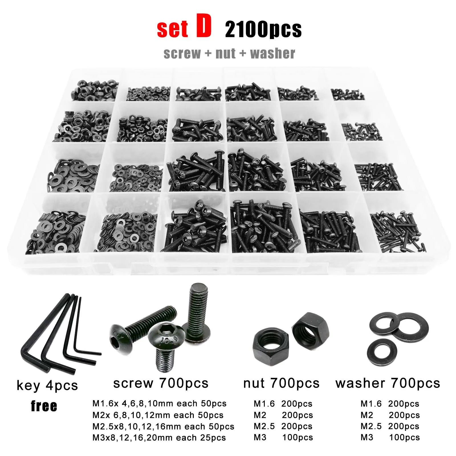 400/2100pcs M1.6 M2 M2.5 M3 M4 M5 Black Grade 10.9 Steel Hex Hexagon Socket Button Round Head Screw Bolt Nut Washer Set Kit Box