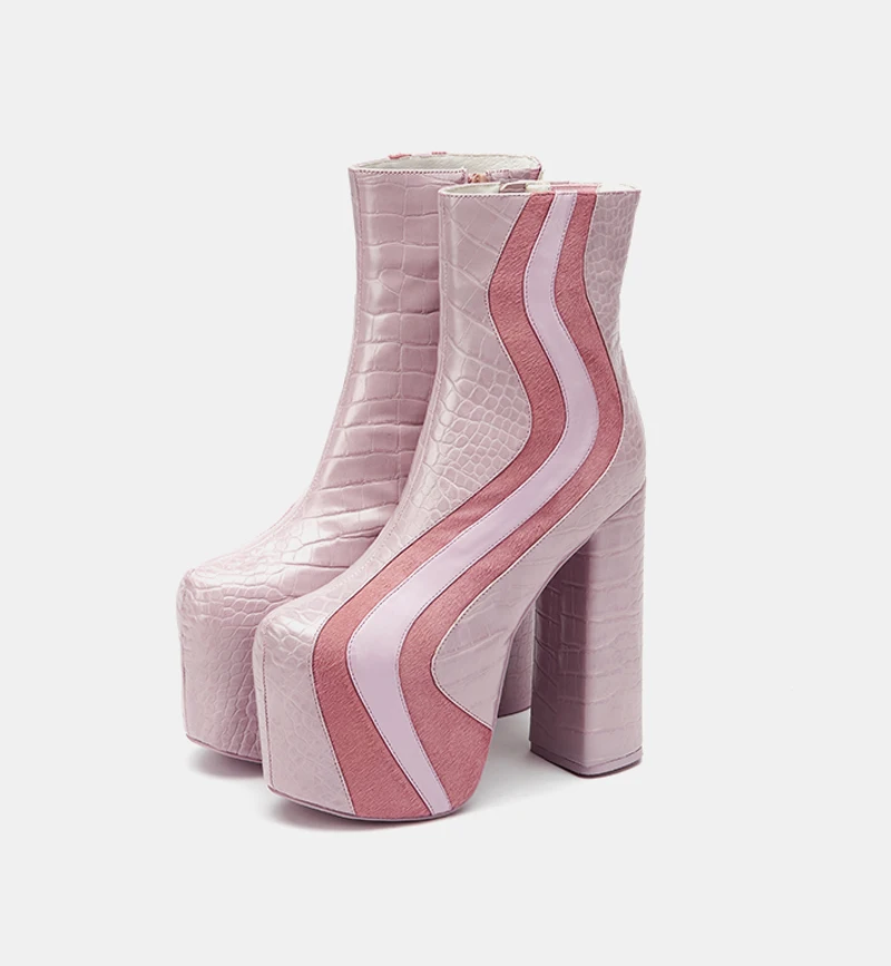 Stylish High Platform Woman Alligator Leather Waved Stripe Ankle Boots Chunky Heels Zipper Super High Heels Short Boots Women