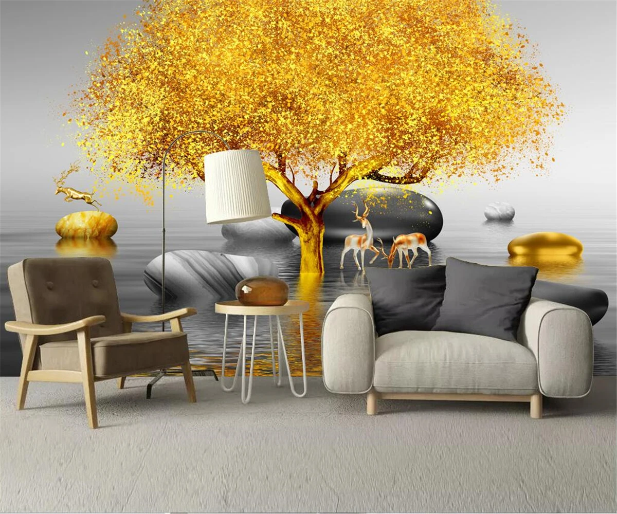 

beibehang Customized new Chinese golden big tree elk artistic conception landscape stone background wallpaper papier peint