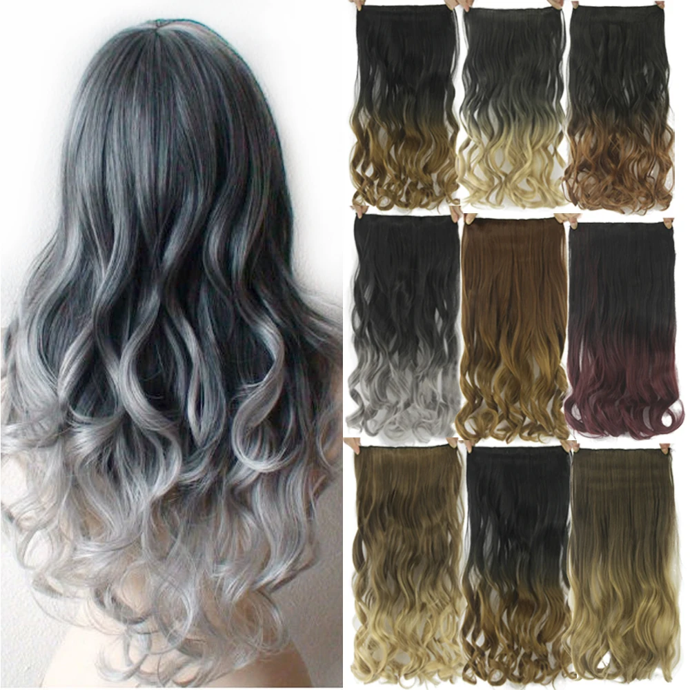 Soowee Long Black to Grey Curly Synthetic Hair Ombre Hair Clip In Hair Extension Fake Clip Ins Hair Pieces for Women