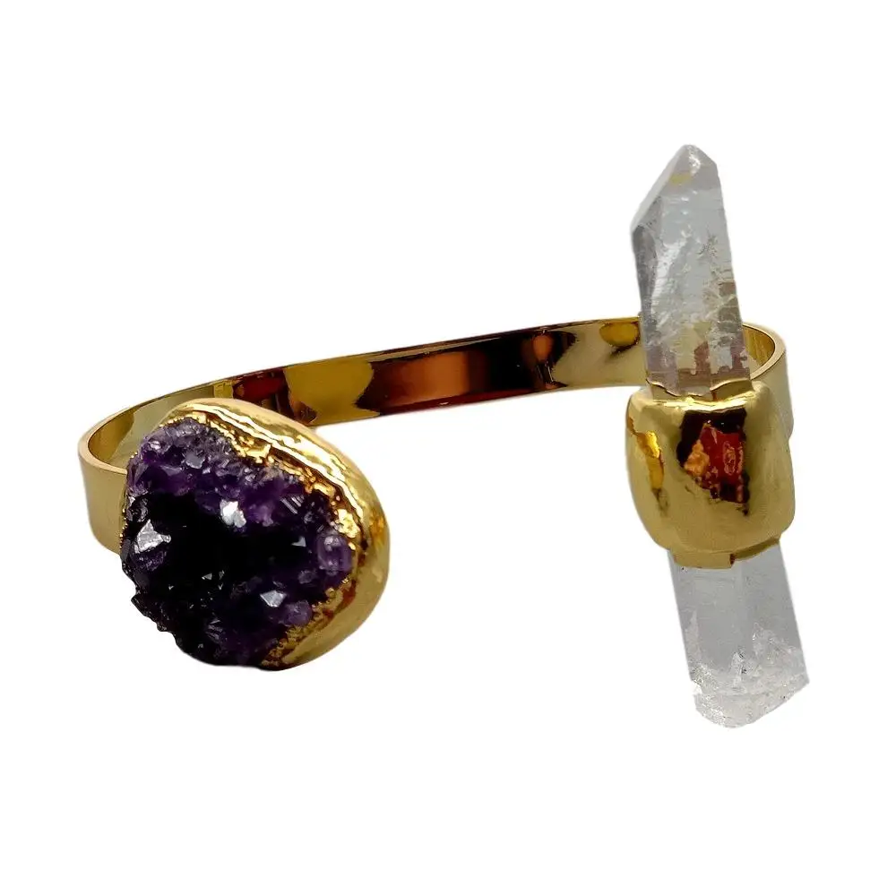 Natural Amethyst Druzy Cluster White Quartz Bangle Bracelet Adjustable