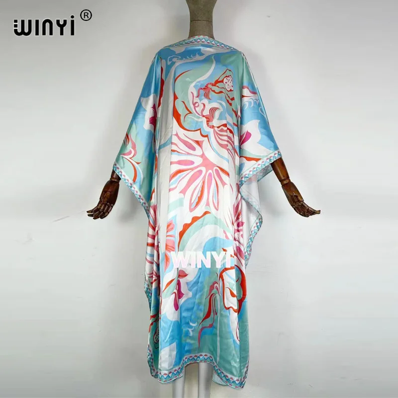 WINYI 2020 Long Length Dress Women Silk abayas Print Vacation Bohemian Batwing slash Collar Over Size Elegant New Fashion Tide