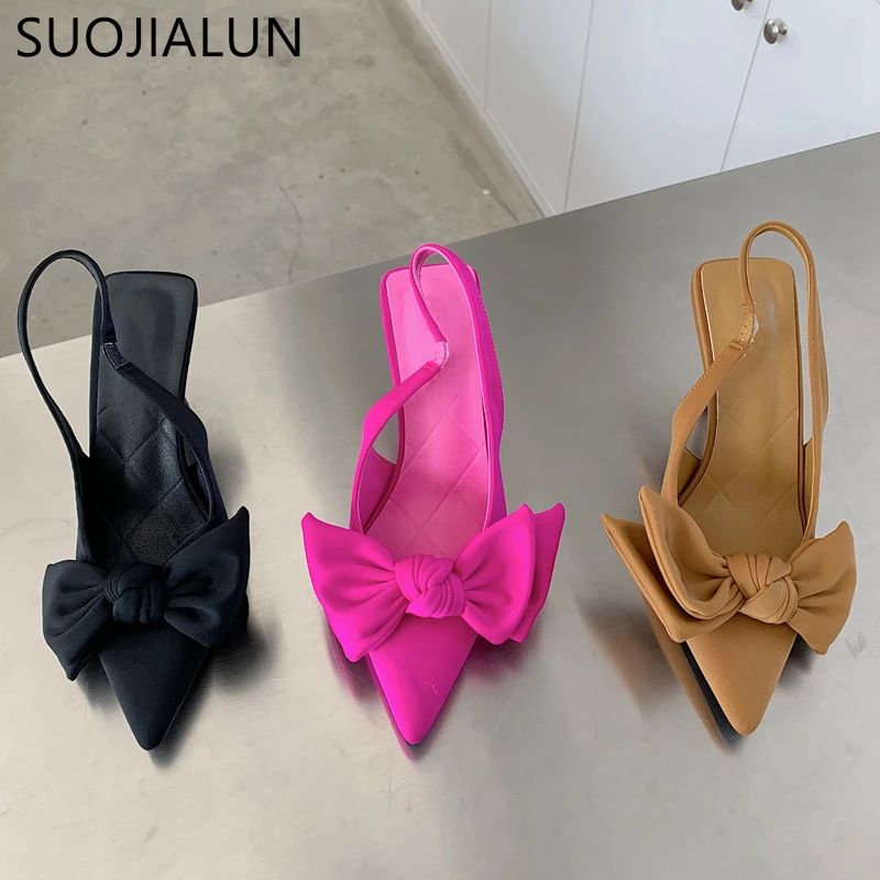 

SUOJIALUN 2022 Summer Brand Women Slingback Sandals Shoes Fashion Bow-knot Pointed Toe Slip On Ladies Elegant Dress Pumps Shoes