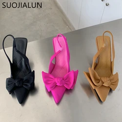 SUOJIALUN 2022 Summer Brand Women Slingback Sandals Shoes Fashion Bow-knot Pointed Toe Slip On Ladies Elegant Dress Pumps Shoes