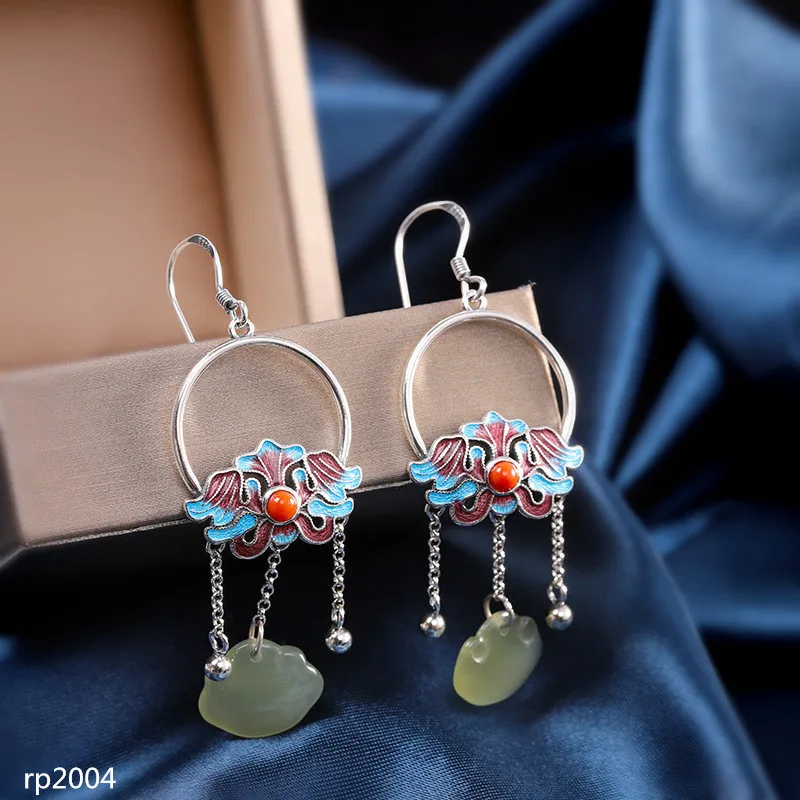 

KJJEAXCMY Fine Jewelry Chinese wild earrings s925 silverware burnt blue Thai silver Ms. He Tianyu earrings