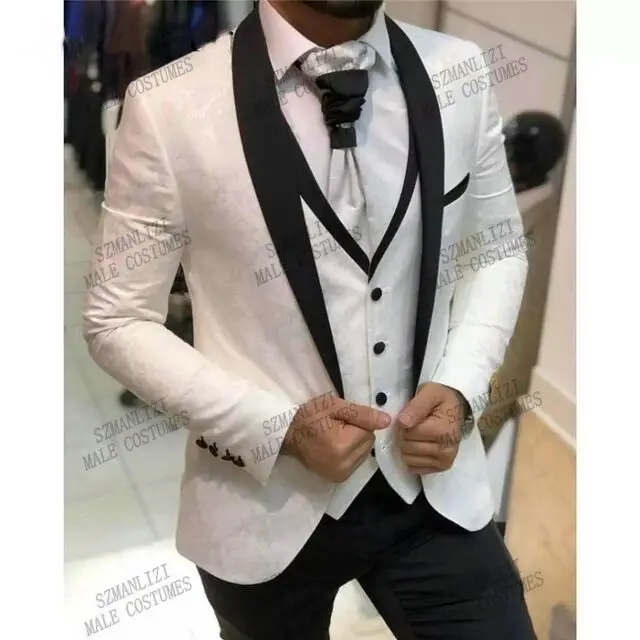 

Suit Men 2021 Wedding Dress White Jacket Vest Black Pant Formal Tuxedo 3 Piece Set Groom Vestidos Formales Tailor-Made Suits