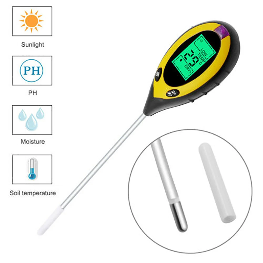 

4 in 1 Soil pH Tester PH Value Sunlight Temperature Moisture Acidity Tester Soil Moisture Meter Soil Tester for Plant Flowers