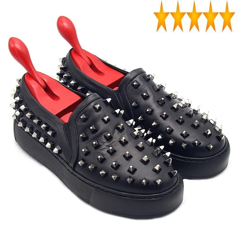 Rivet Black Luxury Thick-Sole Loafers Punk Shoes Men Designer Genuine Leather Platform Sneakers Homme Casual Flats Man Footwear