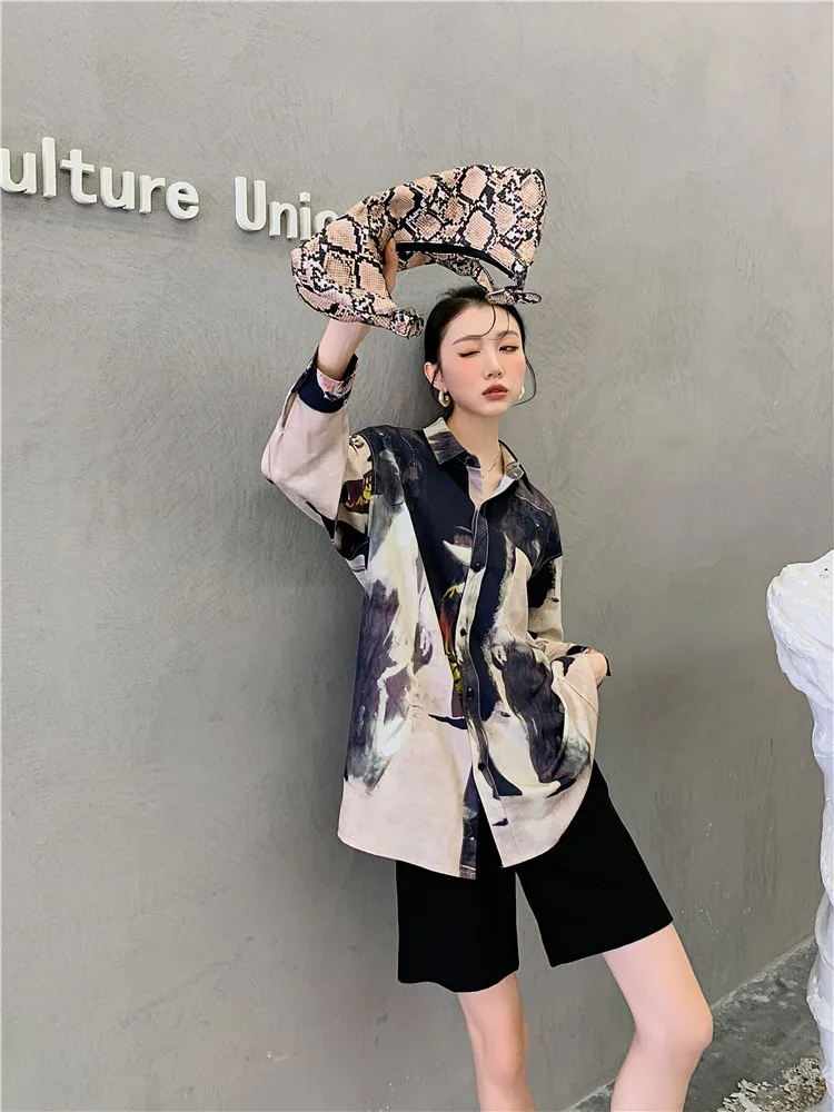CHEERART Fall 2021 Womens Fashion Long Sleeve Button Up Shirt High Fashion Oversized Shirt Print Designer Top And Blouse Clothes