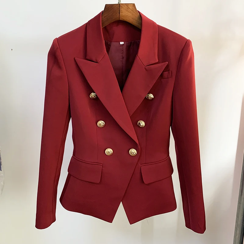 HIGH QUALITY 2023 Newest Designer Blazer Women\'s Classic Lion Buttons Double Breasted Slim Fitting Blazer Jacket Burgundy