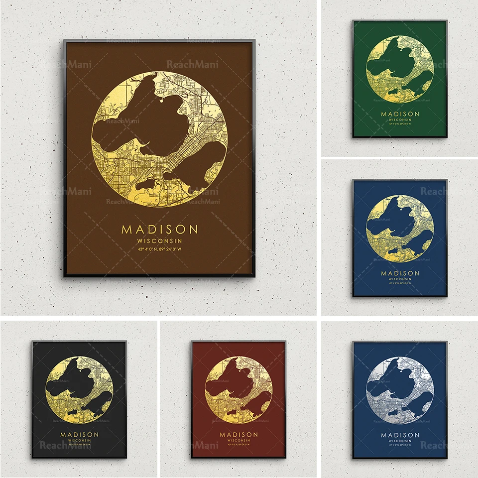 Madison map prints, gold and silver circular maps, Madison murals, Madison city posters, the largest personalized gift