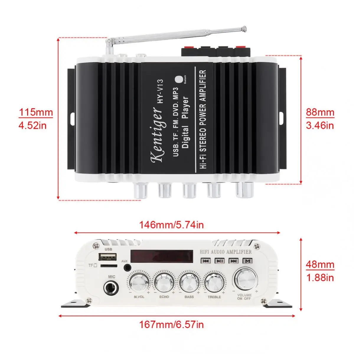 V13 Bluetooth-compatible HI- FI 2.1CH Car High Power Audio Subwoofer Amplifier FM Radio Player Support SD/ USB / DVD / MP3