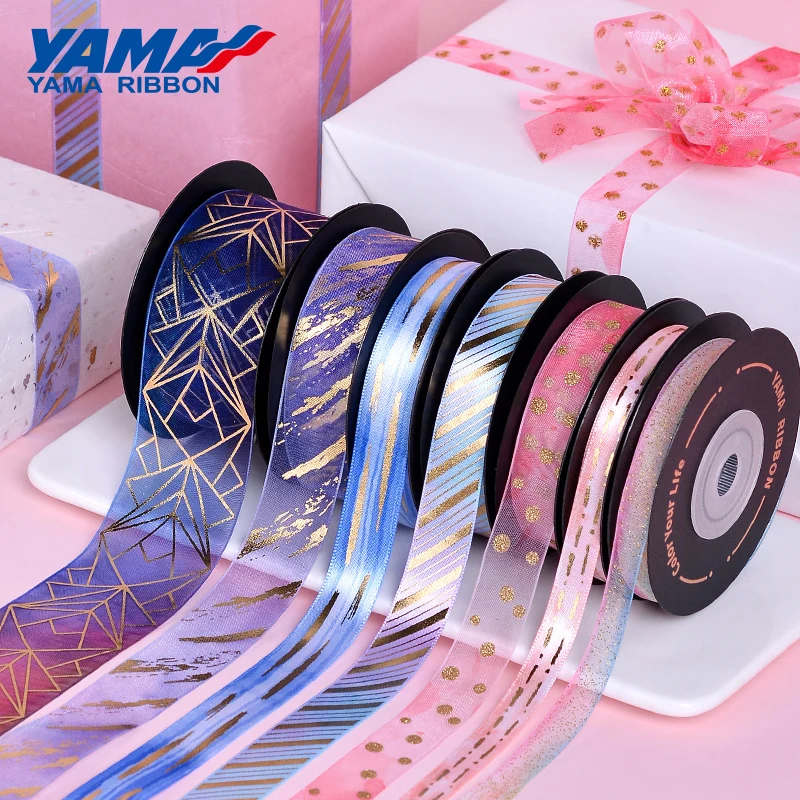 YAMA-Gold Foil Printed Ribbon, Satin Organza Ribbons for Crafts, Gift Packaging, DIY Decoration, 9mm, 16mm, 22mm, 38mm, 10Yards/