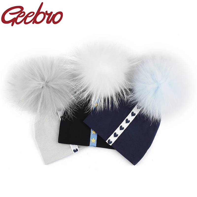 Geebro Star Ribbon Baby Hat Newborn Stretch Cotton Baby Hat With Real fur pompom Solid Color Cute Beanie For Baby Girls Boys