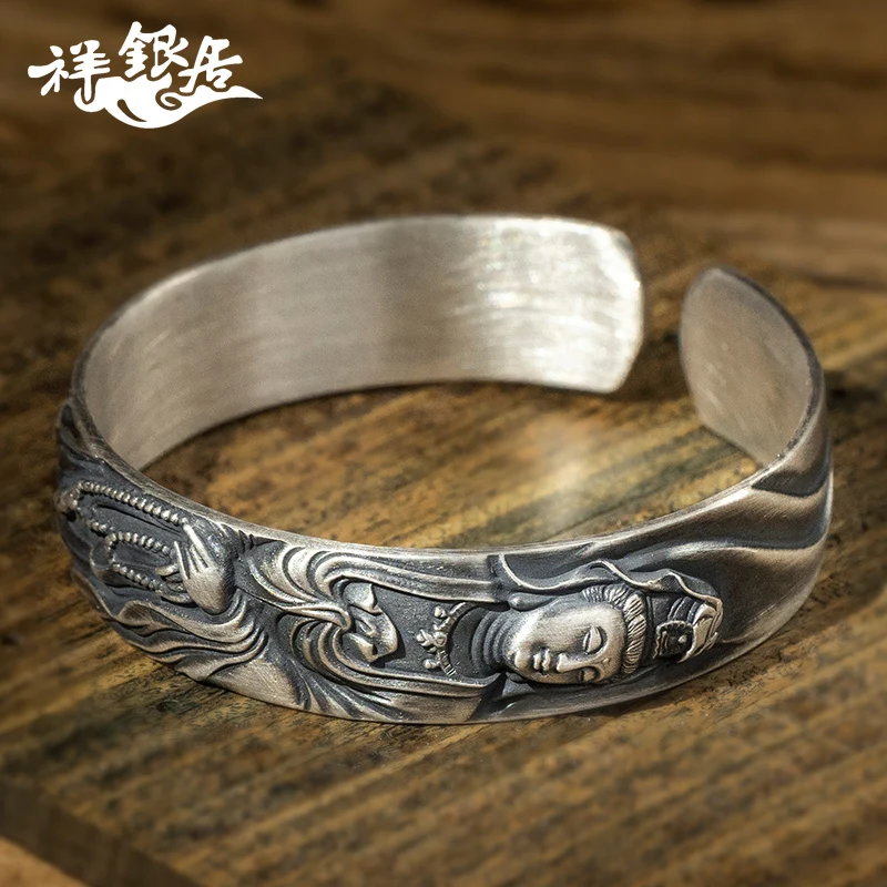 ★S999 pure silver GuanShiYin silver bracelet full silver Buddha body original handmade silver bracelet for men and women