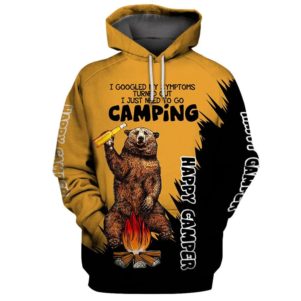 

HX Happy Camper Hoodie 3D Graphic Bear I Just Need To Go Camping Hoodies Splicing Casual Pullover Sportswear Men Clothing