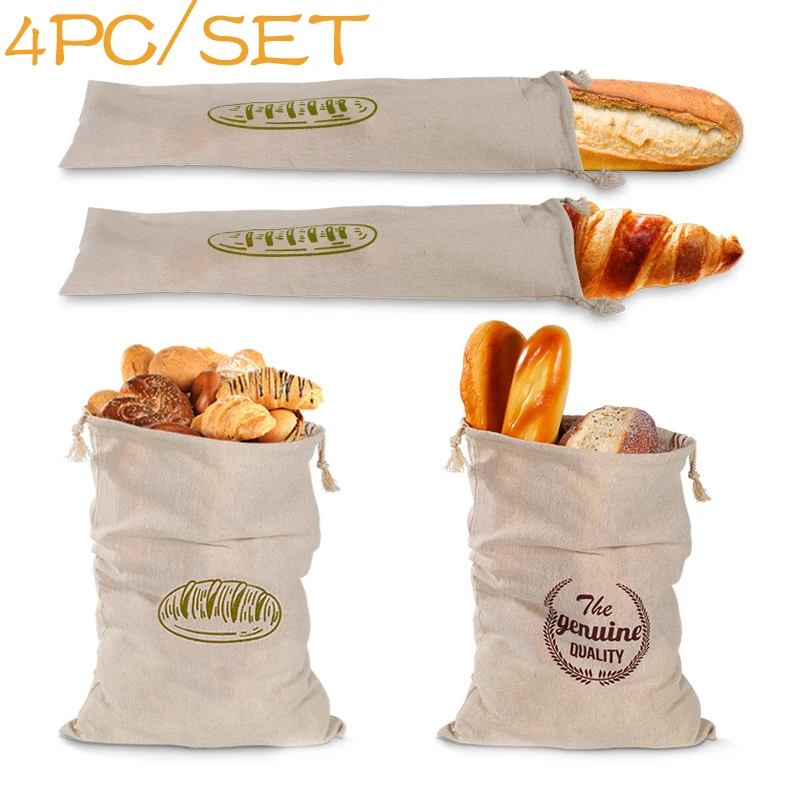 4/2/1PCS Linen Bread Bags Reusable Drawstring Bag for Loaf Homemade Artisan Bread Storage Bag Linen Bread Bags for Baguette