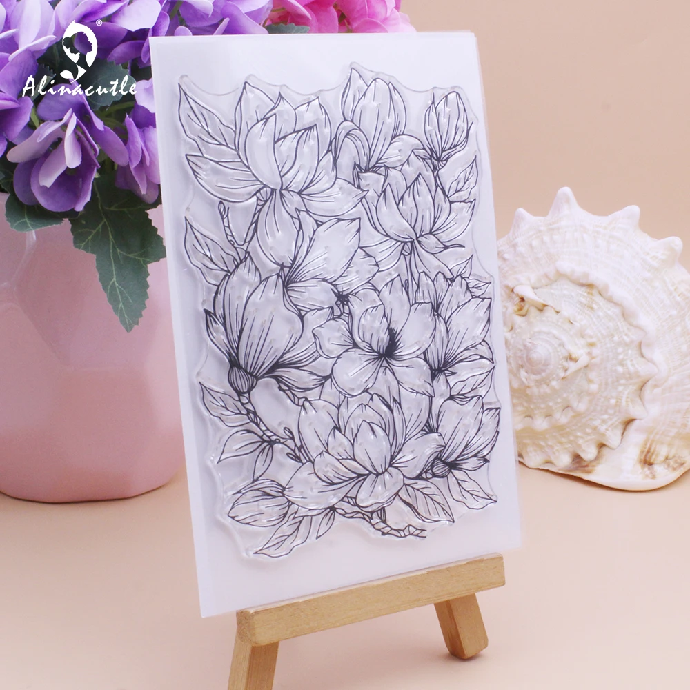 Alinacutle Clear Stamps Large Magnolia Bloom Floral DIY Scrapbooking Card Album Paper Craft Rubber Transparent Silicon Stamps