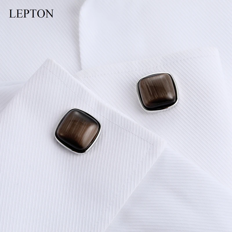 Low-Key Luxury Stone Cufflinks For Mens LEPTON Brown Opal Tuxedo Shirts Cufflink Classic Cat Eye Cuff links Business Best Gifts