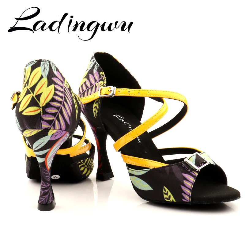 Ladingwu New Modern Floral denim Salsa Dance Shoes Woman Girls Simple Style Latin Dance Shoes Soft Bottom Ballroom Dance Shoes