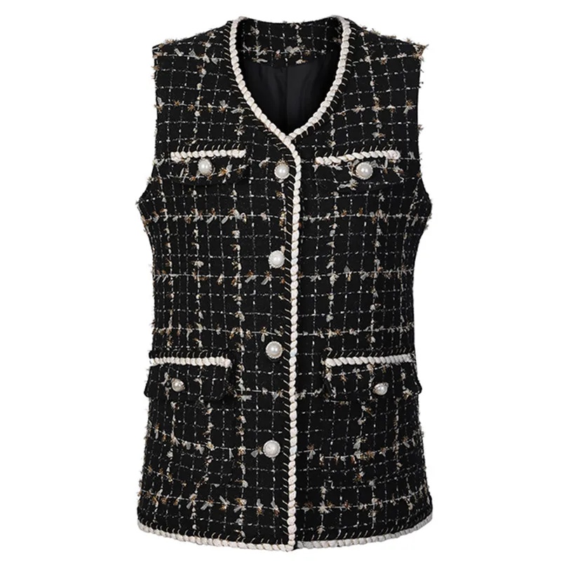 

New arrival spring autumn small fragrance tweed vest women single breasted slim short waistcoat