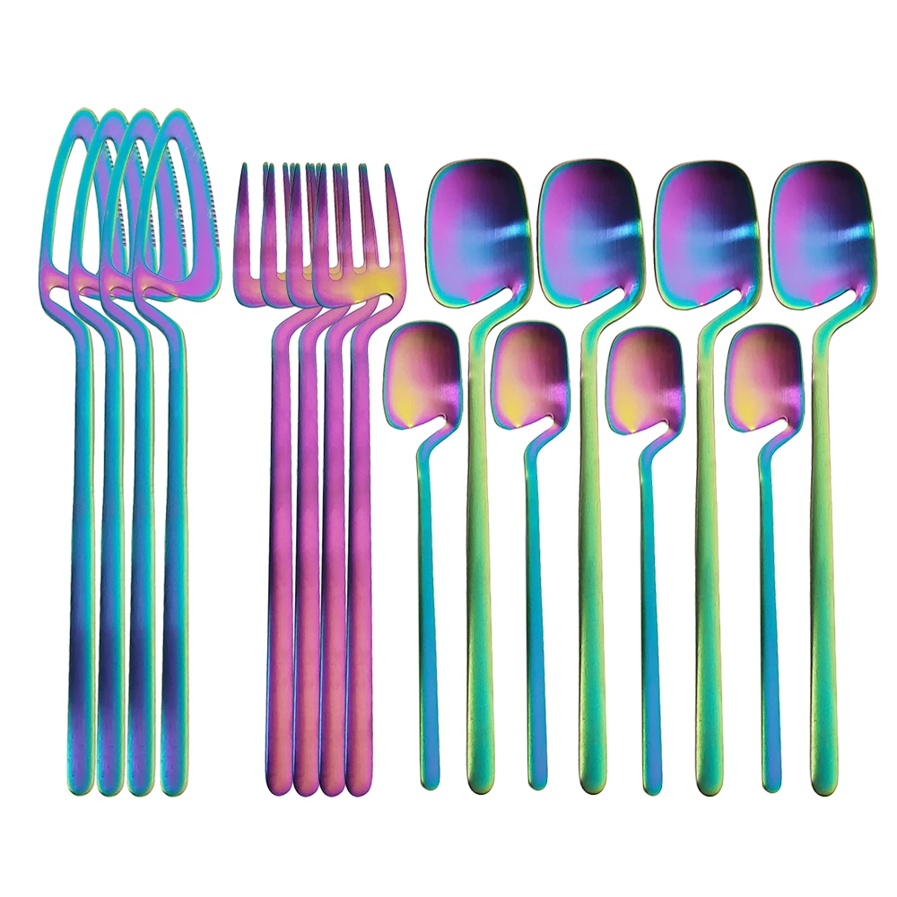 16pcs Rainbow Dinnerware Set Spoon Fork Knife Table Decor Cutlery Sets Kitchen Matte Gold tableware Set Desserts Soup Coffee Use